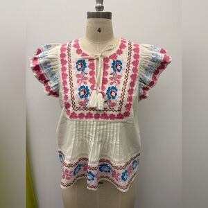 Jennifer & Grace Embroidered White and Pink Women's Top - Medium